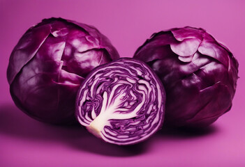 Three pieces of fresh red cabbage on purple background natural purple background