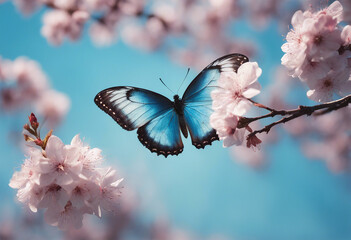 Wall Mural - Blossoming sakura branch of blossoming sakura and bright blue morpho butterfly against blue sky copy