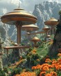 Retro space colony on a distant planet, domes, antennas, rovers, alien flora