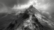 Dramatic monochrome mountain landscape with rugged peaks and misty valleys