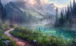 A winding path through the misty pine forests of the Carpathian mountains leads to an emerald green lake surrounded by wildflowers and grasses Generative AI
