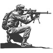 sniper army soldier in action full body image using Old engraving style