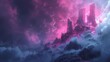 Surreal pink and purple clouds enveloping a fantasy cityscape