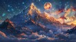 Majestic mountain pinnacle under a bright full moon and starry sky amid swirling clouds