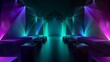 Night club interior neon lights. 3d render for laser show. Fluorescent vivid colors background. Neon corridor background.