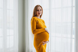 Fototapeta Tulipany - Pregnancy motherhood people expectation future. Pregnant woman with big belly standing near window at home. Girl hugging her tummy enjoying pregnancy. Maternity tenderness parenthood new life concept