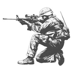 Wall Mural - sniper army soldier in action full body image using Old engraving style