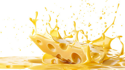 Wall Mural - Splash of Cheese with drip and melting sauce splashing isolated on transparent png background, cheese slice with liquid swirl, ingredients for making food.
