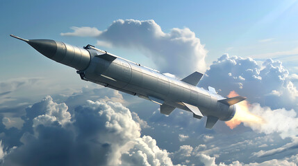 Wall Mural - a missile soaring through the sky amidst clouds. The missile, sleek and grey, features aerodynamic fins for stability.