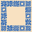 Blue retro flower illustration square frame. Vintage style hippie floral clipart element design collection. Hand drawn nature collage, spring season empty template with daisy flowers.