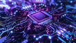 a close-up view of an electronic circuit board. The intricate pathways on the board are illuminated in mesmerizing blue and purple lights