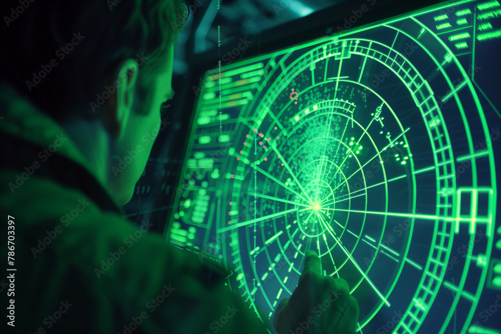 intensity of a green military radar screen in action, illustrating the ...