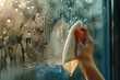 © Ivan - high humidity in the house. hand wipes water condensation from the window close-up