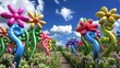 Vibrant Balloon Flowers Blossoming in a Fantasy Garden Under Blue Sky