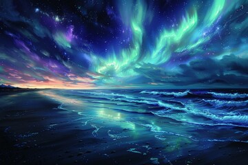 Canvas Print - A beautiful painting of a beach with a blue ocean and a sky full of auroras