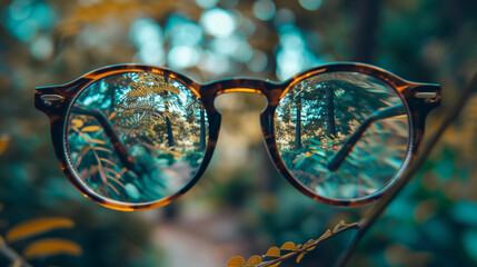 A pair of glasses is reflected in the leaves of a tree