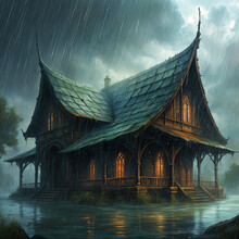 A Large, Old-fashioned House With A Shingled Roof And Multiple Windows, Situated On The Edge Of A Body Of Water During A Rainy Day.