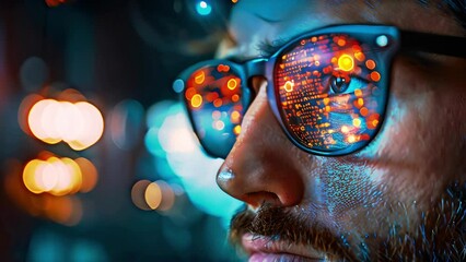 Close-up of a systems engineer's glasses reflecting computer data. Programming software 