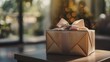 A single elegant gift box adorned with a satin golden ribbon sits on a wooden table, with warm bokeh lights in the background..