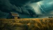 Dramatic contrast as a fierce lightning bolt cuts through the stormy sky above a serene golden wheat field with a rustic barn..