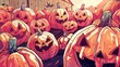 Vibrant Pumpkin Patch Illustration with Carved Jack-o'-lanterns for Halloween