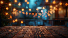 Wooden Table, Blurred Bokeh Background Background. Neon Light, Night View, Close-up. The General Background Of The Interior, A Dark Background