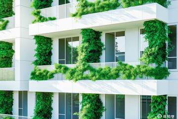 Wall Mural - White modern residential building with green plant walls. Sustainable living, ecology and green urban environment concept