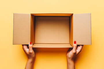 Woman hands holding one empty open brown cardboard box on yellow background. Top view