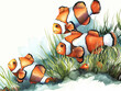 Three orange and white clownfish swimming in a grassy area