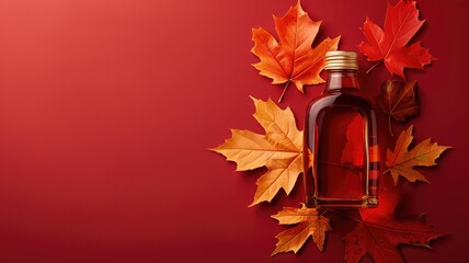 Wall Mural - Bottle of maple syrup surrounded by autumn leaves on red background