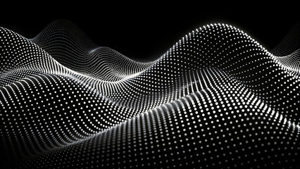 Wall Mural - Black and white abstract wave pattern with halftone dots and curved elements on a textured backdrop