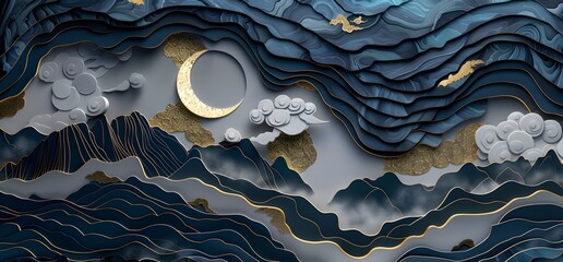 Wall Mural - Chinese landscape minimalist design, inkcore, paper sculpture