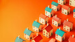 © Bela - An arrangement of small house models forming a graph layout on a bright orange background to depict market trends