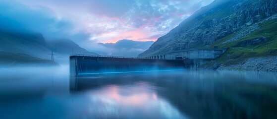 Poster - A large dam in the middle of a lake at dusk. Generative AI.