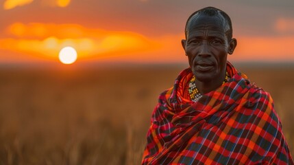 Wall Mural - A man in a red and black plaid shirt standing on the side of a field. Generative AI.