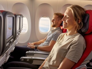 Canvas Print - A couple of people sitting in seats on an airplane. Generative AI.