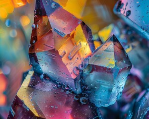 Canvas Print - A close up of a colorful crystal with water droplets on it. Generative AI.