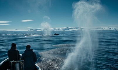 Poster - Two people on a boat watching a whale spout water. Generative AI.