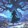 An alluring fantasy image capturing the essence of mystery and enchantment featuring a cloaked figure amidst an ancient tree.