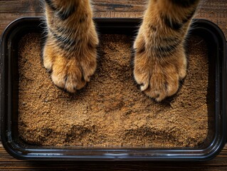 Poster - A cat's paws are on a tray of sand. Generative AI.