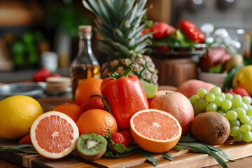 Wall Mural - Diverse Selection of Nutritious Fruits and Vegetables Arranged on a Wooden Cutting Board,Promoting Healthy Eating and Wellness