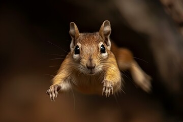 Canvas Print - A close up of a squirrel that is flying through the air. Generative AI.