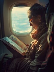 Sticker - A woman reading a book while sitting on an airplane. Generative AI.