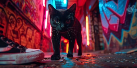 Wall Mural - A black cat walking down a dark alley with neon lights.