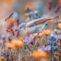 Sticker - A bird is perched on a flower in the middle of many flowers. Generative AI.