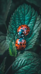 Wall Mural - Two ladybugs are sitting on top of a leaf together. Generative AI.