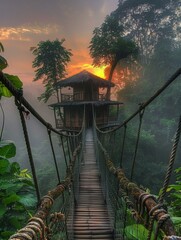 Poster - A rope bridge leading to a tree house in the jungle. Generative AI.