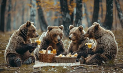 Canvas Print - Four bears are sitting around a picnic basket eating. Generative AI.