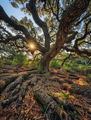 Poster - A large tree with the sun shining through it. Generative AI.