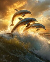 Wall Mural - Three dolphins jumping out of the water on a wave. Generative AI.